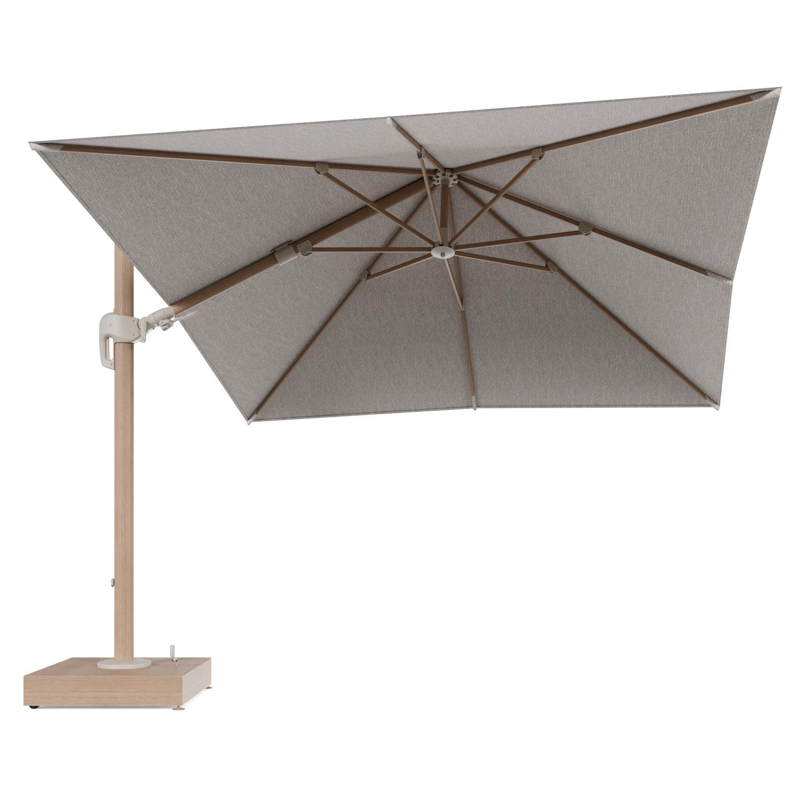 Rufina zweefparasol met tiltfunctie in houtlook aluminium en Tundra Sand All Weather Sunbrella® Luxe parasoldoek - L1 300 x L2 300 cm met parasolvoet Minore 150 kg met wielen