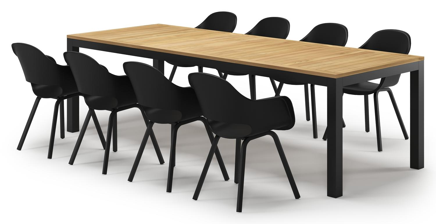 Varese tuinset in zwart aluminium en naturel teak tafelblad met 8 Artena tuinstoelen