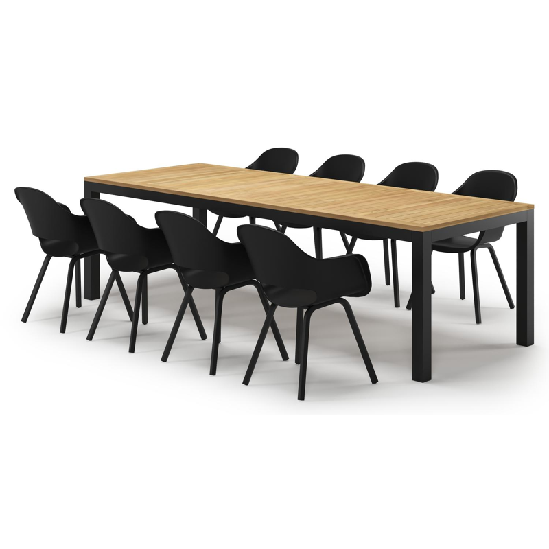 Varese tuinset in zwart aluminium en naturel teak tafelblad met 8 Artena tuinstoelen