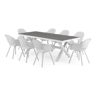 Reza tuinset in wit aluminium en grijs volkeramiek tafelblad met 8 Artena tuinstoelen