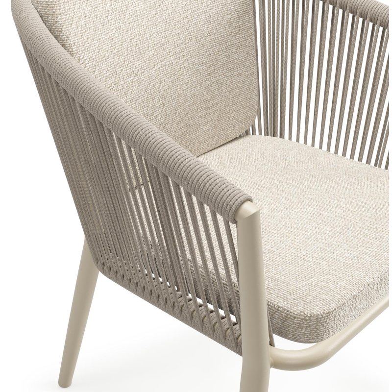 Orso tuinstoel in beige aluminium en beige verticaal geweven ronde rope met zitkussen in All Weather Cosytica Marbella Ecru