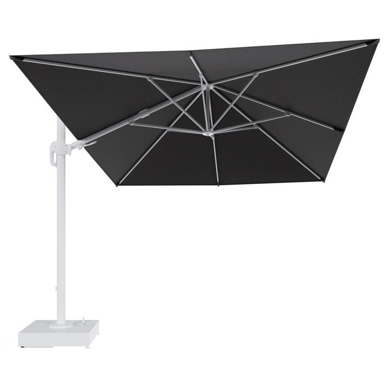 Rufina zweefparasol met tiltfunctie in wit aluminium en Firenze Tunder All Weather Solica parasoldoek - L1 400 x L2 300 cm met parasolvoet Minore 150 kg met wielen