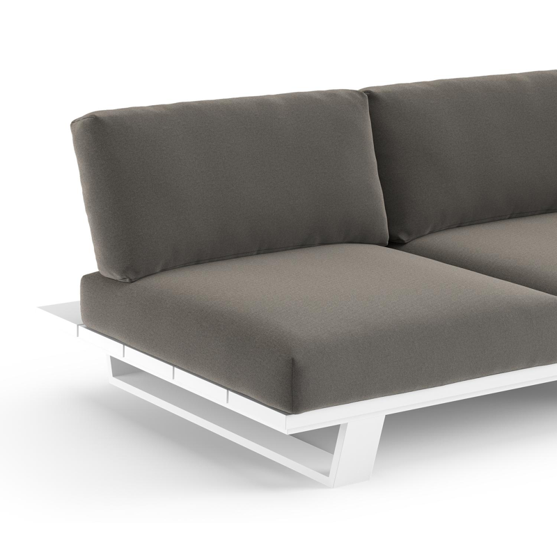 Canapé de jardin Pagino en aluminium blanc et coussins en all weather sunbrella® luxe natte dark taupe