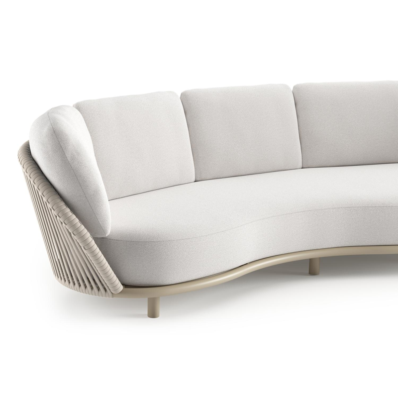 Lupino loungebank in beige aluminium en beige verticaal geweven luxe vlakke brede rope met soul optik all weather solica kussen