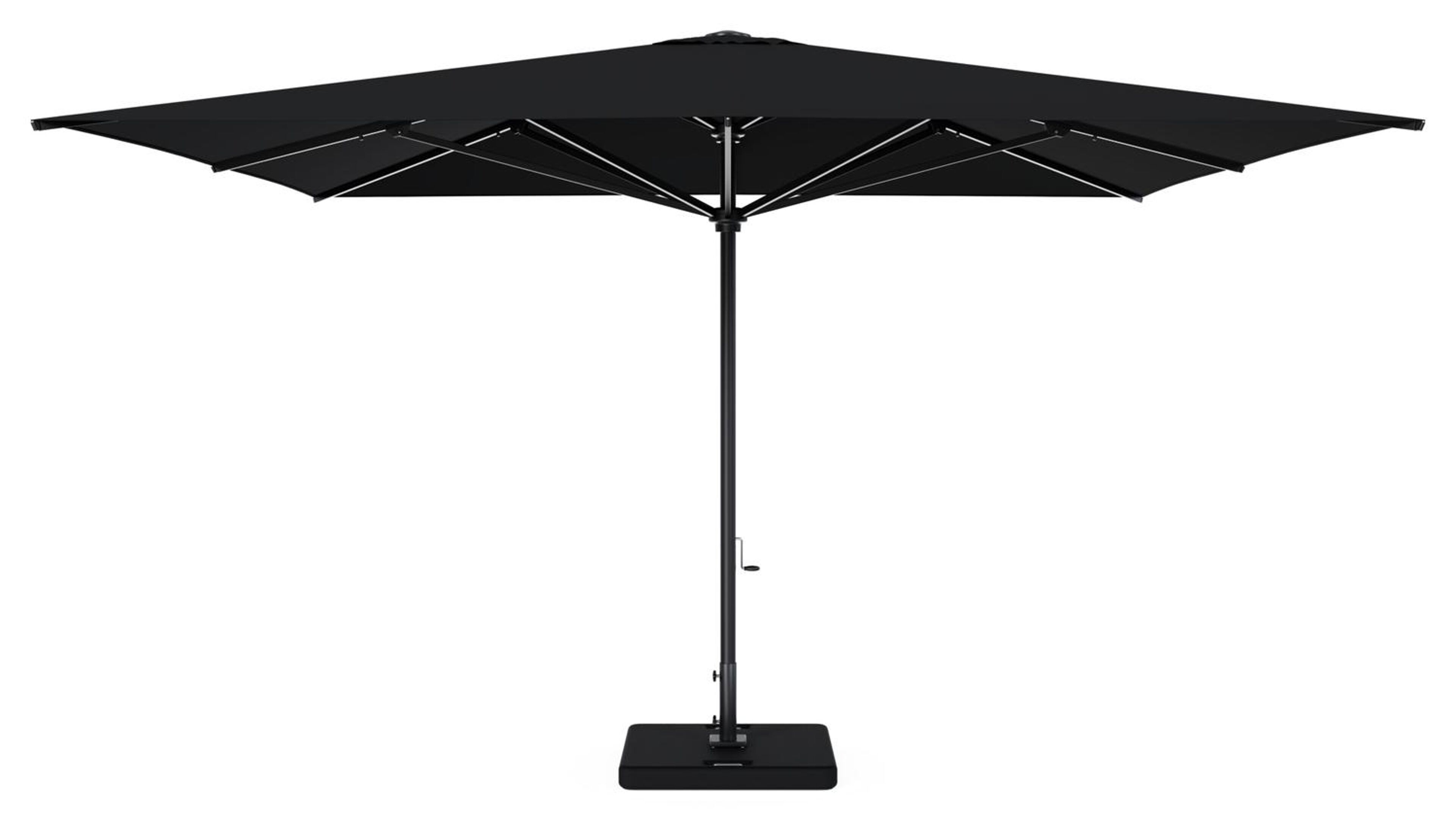 Solino staanparasol in zwart aluminium en parasoldoek in All Weather Sunbrella® Premium Zwart - L1 400 x L2 400 cm met parasolvoet Lapido 160 kg