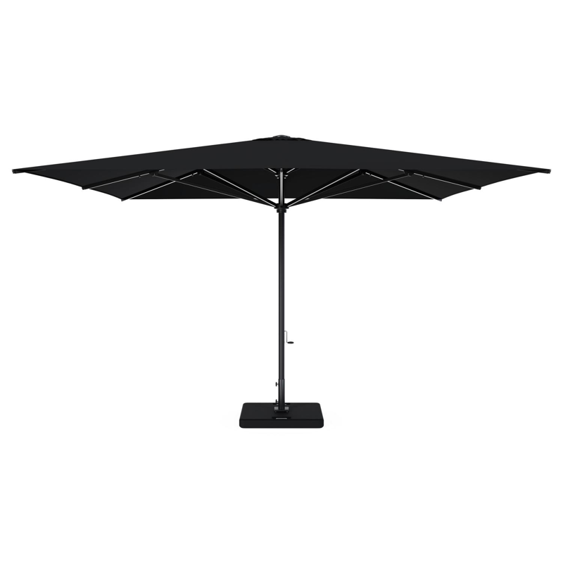 Solino staanparasol in zwart aluminium en parasoldoek in All Weather Sunbrella® Premium Zwart - L1 400 x L2 400 cm met parasolvoet Lapido 160 kg