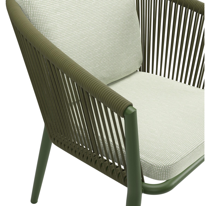 Orso tuinstoel in groen aluminium en groen verticaal geweven ronde rope met luxe zitkussen in All Weather Sunbrella® Luxe Slow Spirea