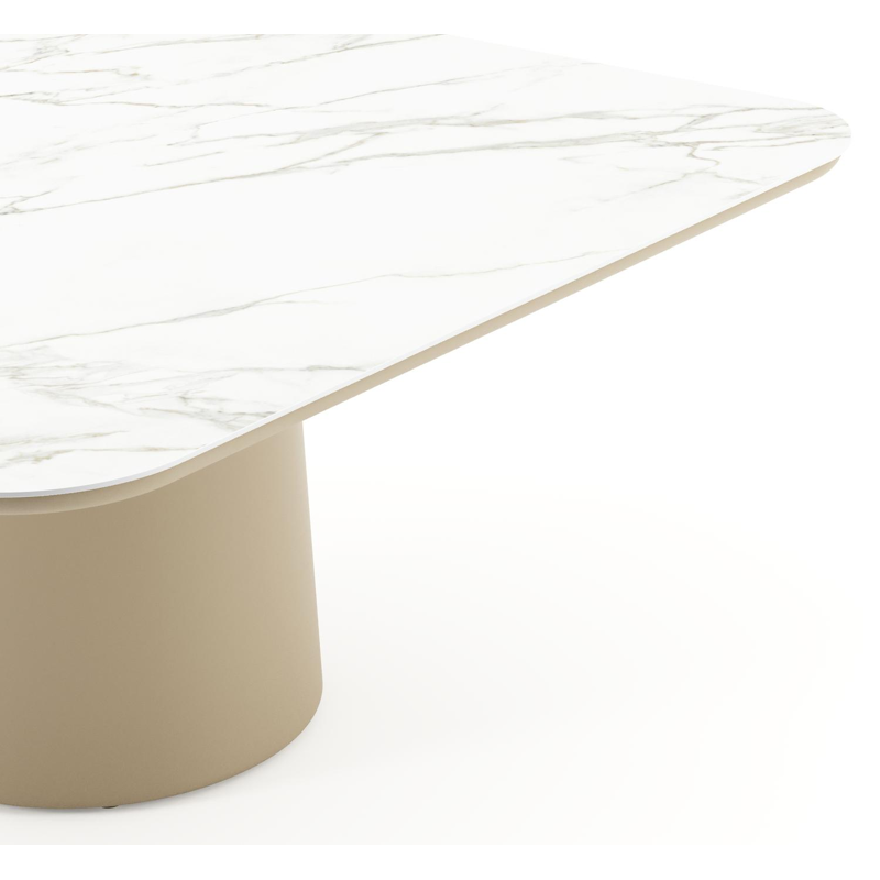 Table de jardin Amico carré arrondi en aluminium beige et céramique pleine Calacatta - Lg. 148 x Lrg. 148 x Haut. 74 cm