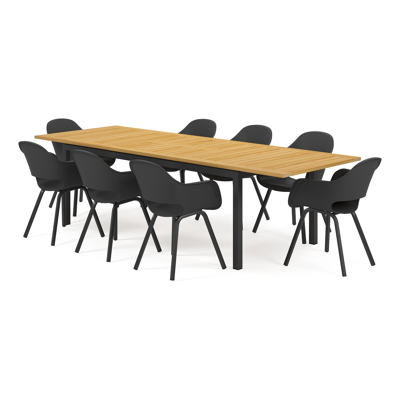 Amalfi tuinset met verlengbare tafel in zwart aluminium en teak tafelblad met 8 Artena tuinstoelen