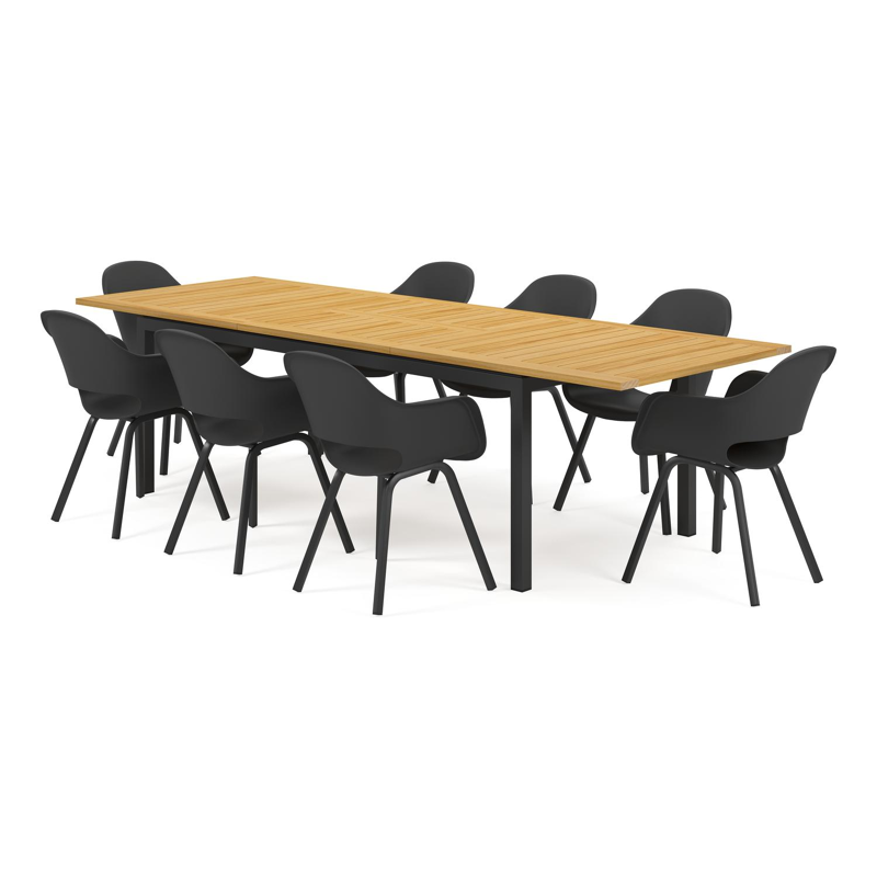 Amalfi tuinset met verlengbare tafel in zwart aluminium en teak tafelblad met 8 Artena tuinstoelen
