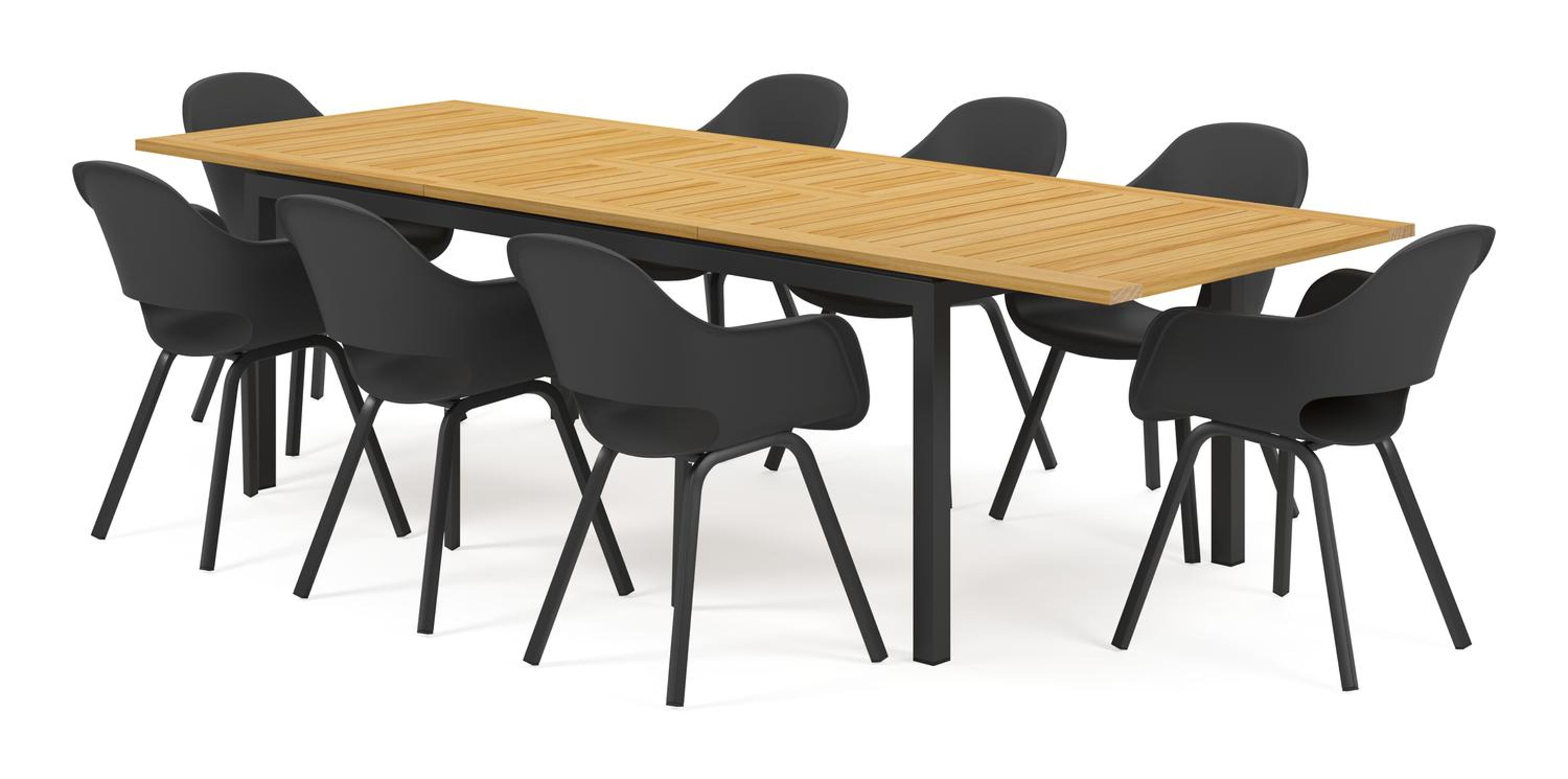 Amalfi tuinset met verlengbare tafel in zwart aluminium en teak tafelblad met 8 Artena tuinstoelen