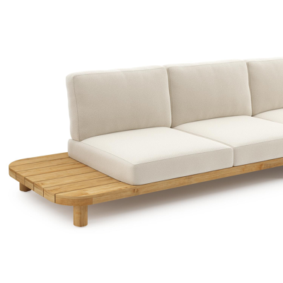 Donato loungehoek in teak en beige verticaal geweven ronde rope met all weather cosytica Althea Off White kussen