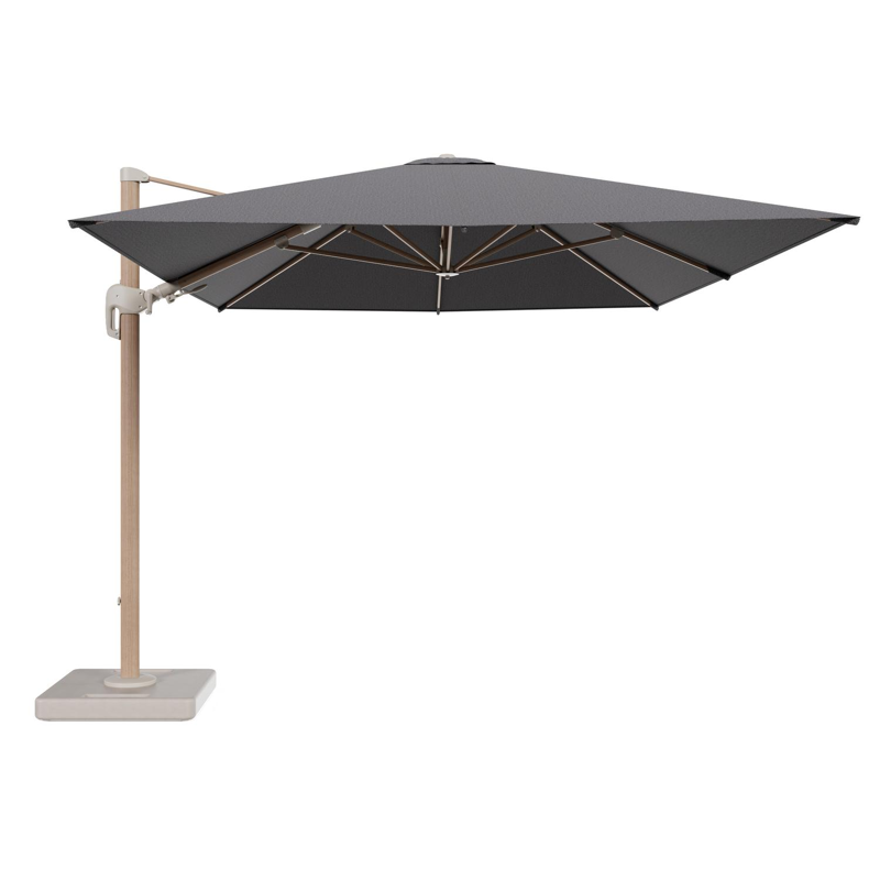 Parasol pendant Rufina avec fonction tilt en aluminium aspect de bois et toile de parasol en All Weather Solica Firenze Tunder - Lg.1 400 x Lg.2 300 cm avec pied de parasol Lapido 160 kg
