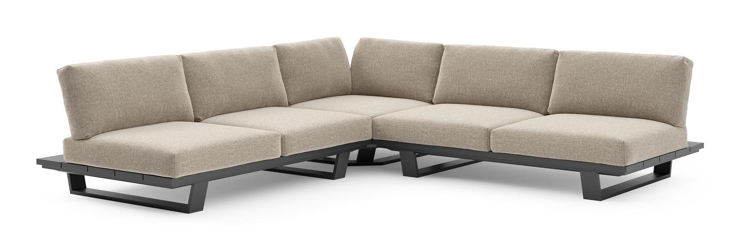 Salon de jardin d'angle Pagino en aluminium noir et coussins en all weather sunbrella® luxe chartres pewter