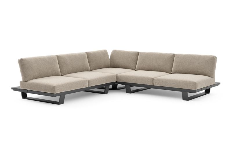 Pagino loungehoek in zwart aluminium met chartres pewter all weather sunbrella® luxe kussen