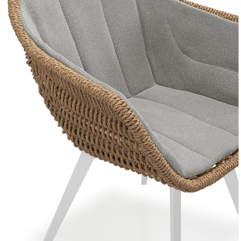 Pagino tuinstoel in wit aluminium en bruin ronde wicker met zitkussen in All Weather Sunbrella® Luxe Savane Zinc