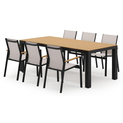 Ensemble de jardin Calzo en aluminium noir et polywood avec 6 chaises de jardin empilable Bahia
