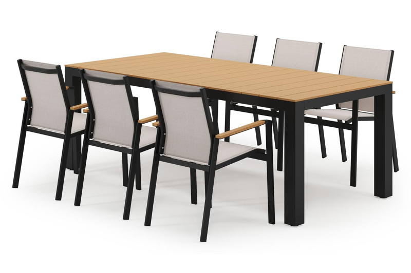 Ensemble de jardin Calzo en aluminium noir et polywood avec 6 chaises de jardin empilable Bahia