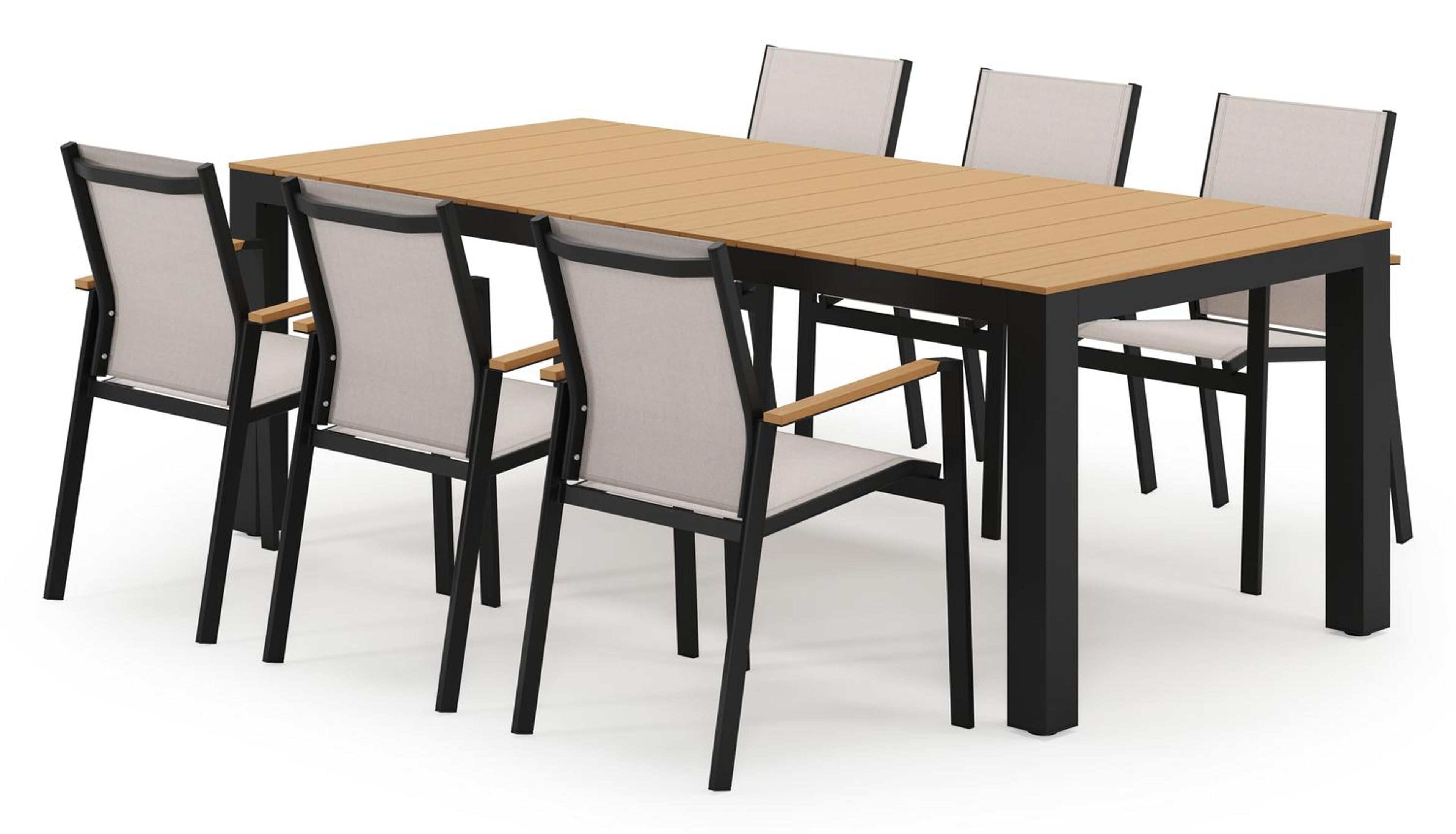 Ensemble de jardin Calzo en aluminium noir et polywood avec 6 chaises de jardin empilable Bahia