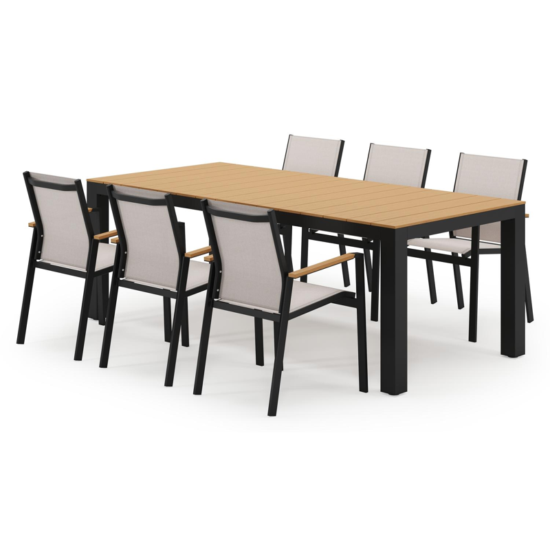 Ensemble de jardin Calzo en aluminium noir et polywood avec 6 chaises de jardin empilable Bahia