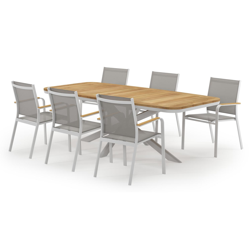 Pamplona bootvormige tuinset in wit aluminium en teak natural finish met 6 Amalfi tuinstoelen