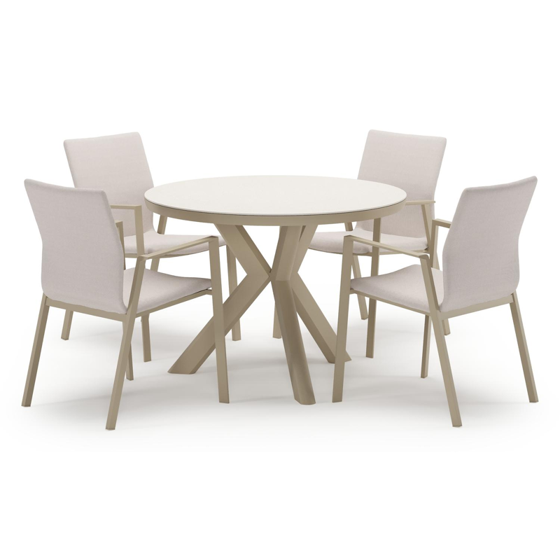 Pamplona tuinset in beige aluminium en crema minerale sintered stone met 4 stapelbare Madura tuinstoelen