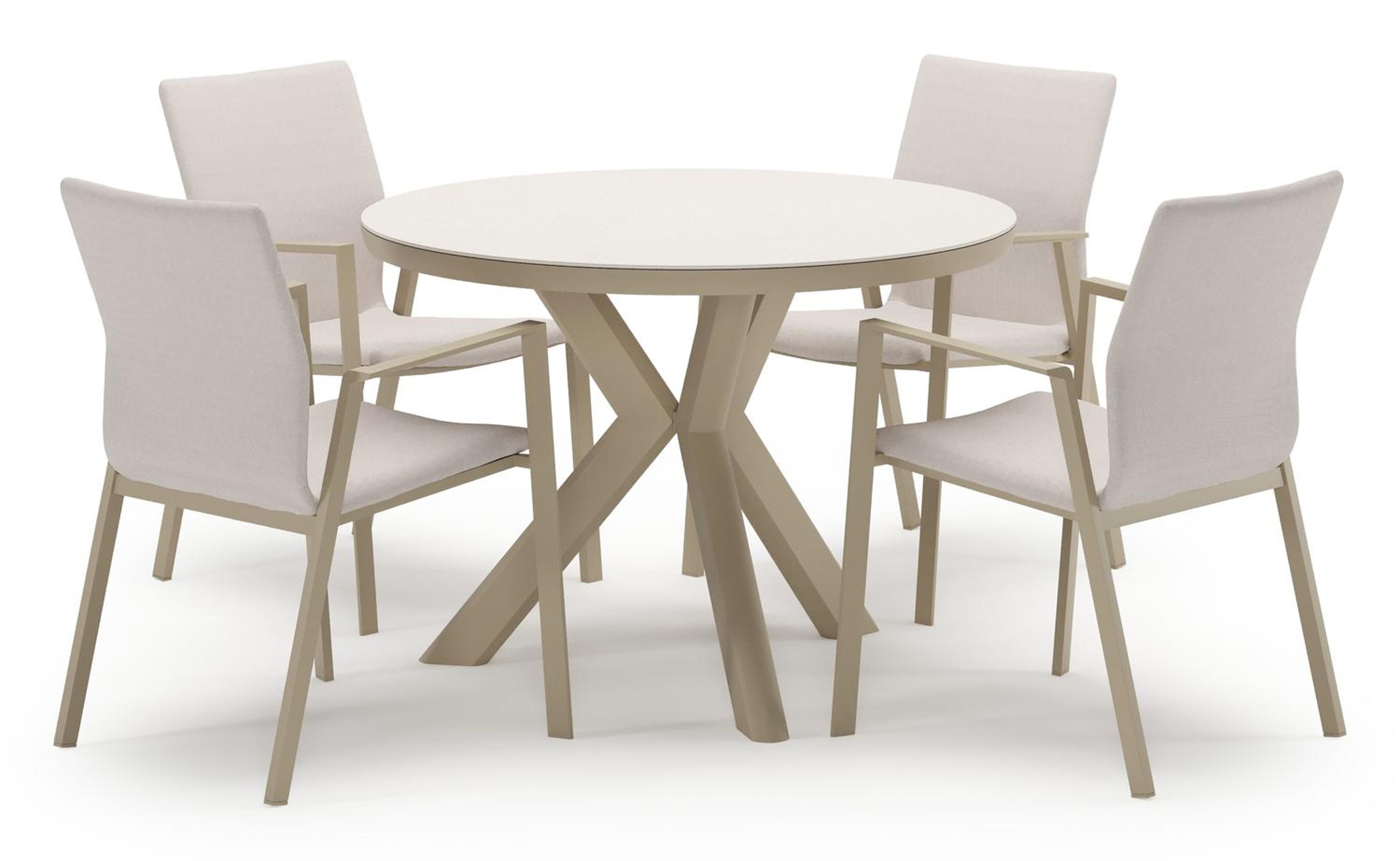 Pamplona tuinset in beige aluminium en crema minerale sintered stone met 4 stapelbare Madura tuinstoelen
