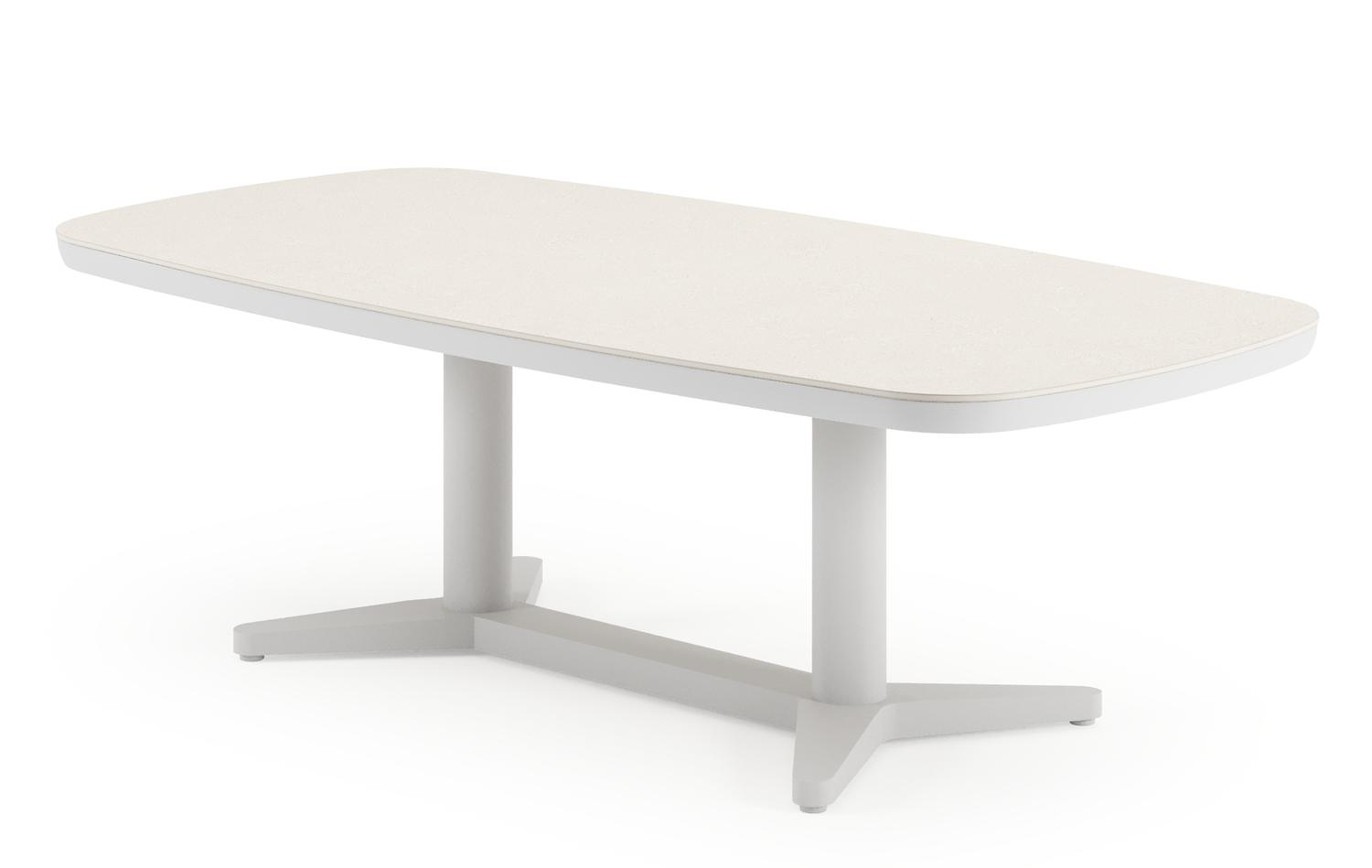 Tarsia tuintafel bootvorm in wit aluminium en Crema Minerale sintered stone - L 90 x B 180 x H 74.5 cm