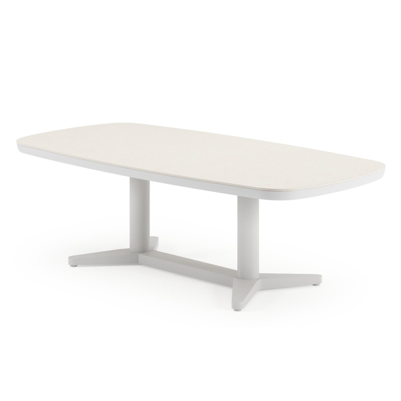 Tarsia tuinset bootvorm in wit aluminium en sintered stone Crema minerale met 6 Matera tuinstoelen