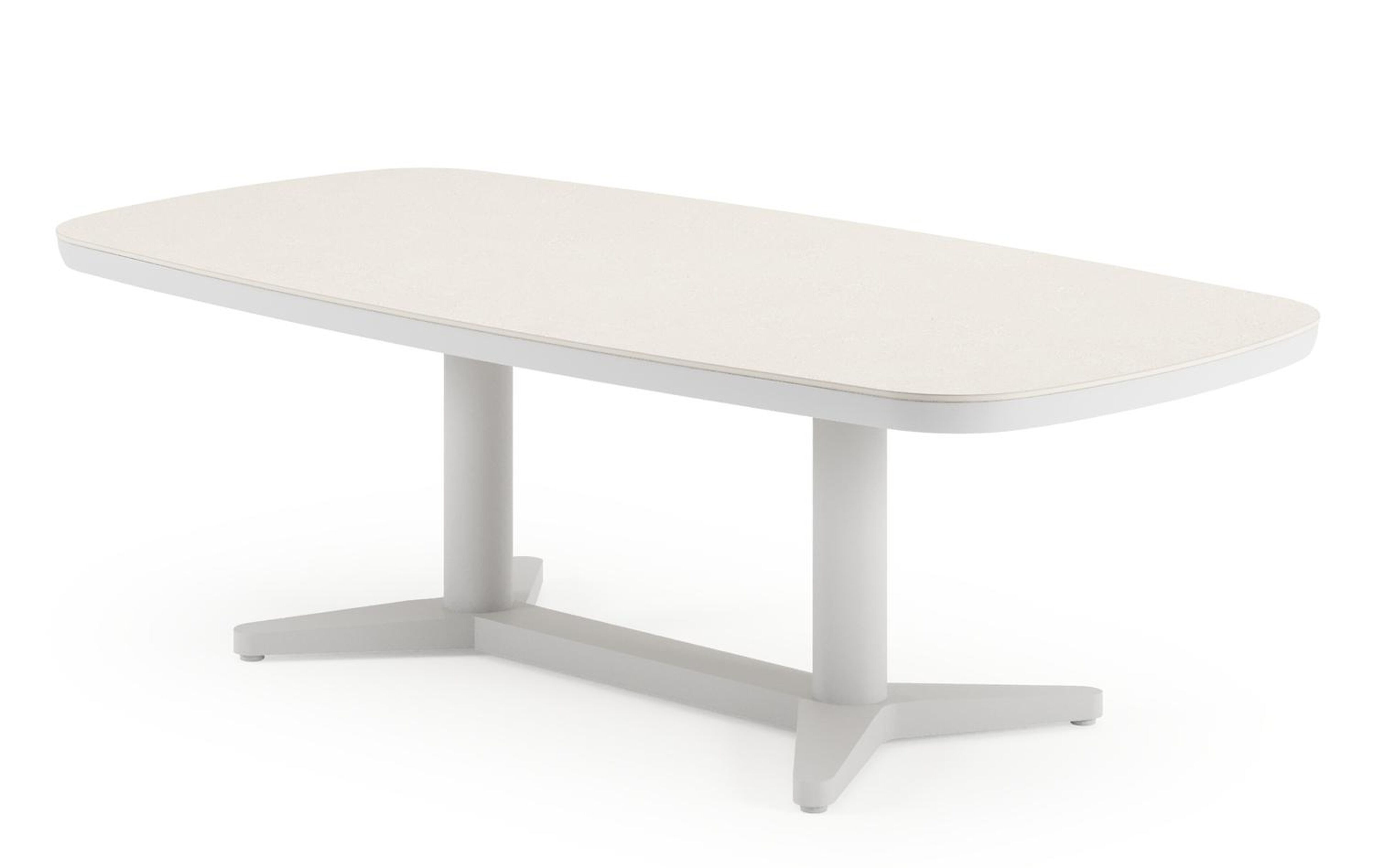 Tarsia tuintafel bootvorm in wit aluminium en Crema Minerale sintered stone - L 180 x B 90 x H 74.5 cm