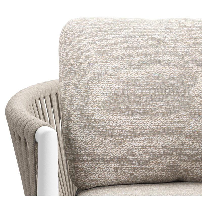 Organo tuinstoel in wit aluminium en beige verticaal geweven luxe vlakke rope met zitkussen in All Weather Sunbrella® Luxe Tundra Sand