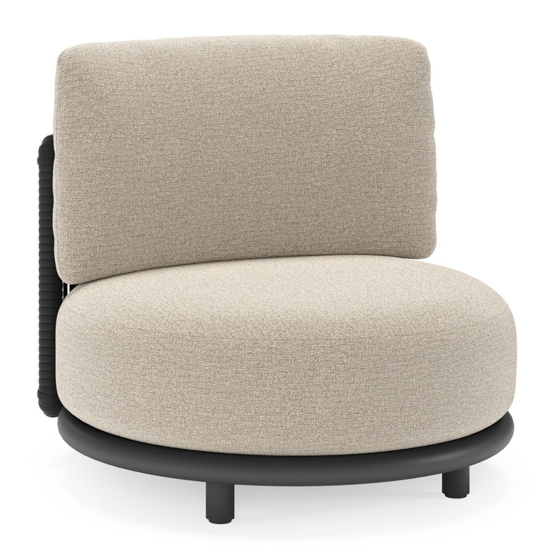 Lomano loungestoel in zwart aluminium en beige verticaal geweven luxe vlakke rope met catania sand all weather cosytica kussen