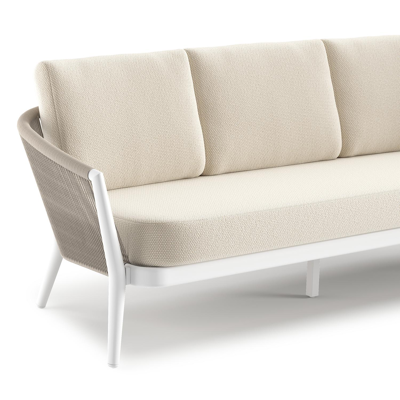 Salon de jardin Orso en aluminium blanc en corde ronde tissée verticalement beige et coussins en all weather cosytica Althea Off White
