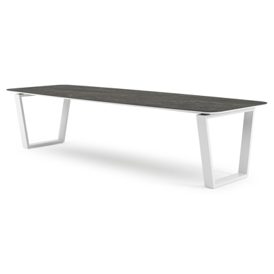 Table de jardin Pagino forme de bateau en aluminium blanc et céramique pleine Black Obsession - Lg. 315 x Lrg. 115 x Haut. 73 cm