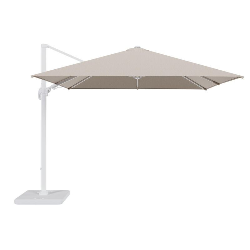 Avola zweefparasol met tiltfunctie in wit aluminium en natural Weather+ Softtouch parasoldoek - L1 300 x L2 300 cm met parasolvoet Pedito 120 kg