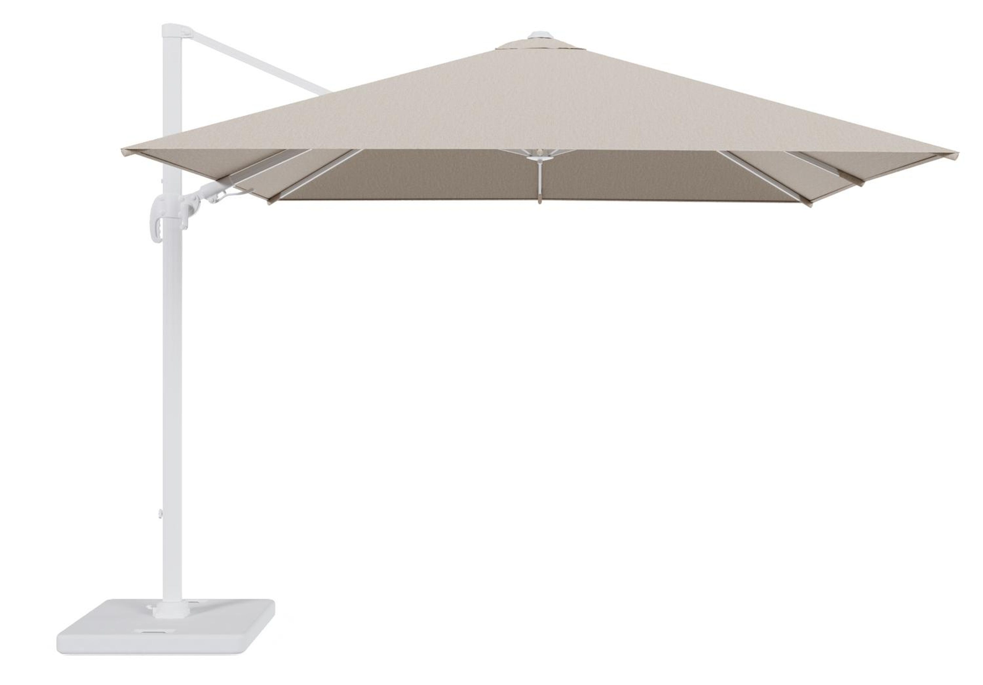 Avola zweefparasol met tiltfunctie in wit aluminium en natural Weather+ Softtouch parasoldoek - L1 300 x L2 300 cm met parasolvoet Pedito 120 kg