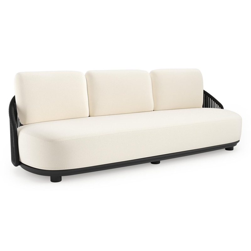 Canapé de jardin Vadelo en aluminium noir et corde ronde tissée verticalement noir et coussins en all weather sunbrella® luxe natte white