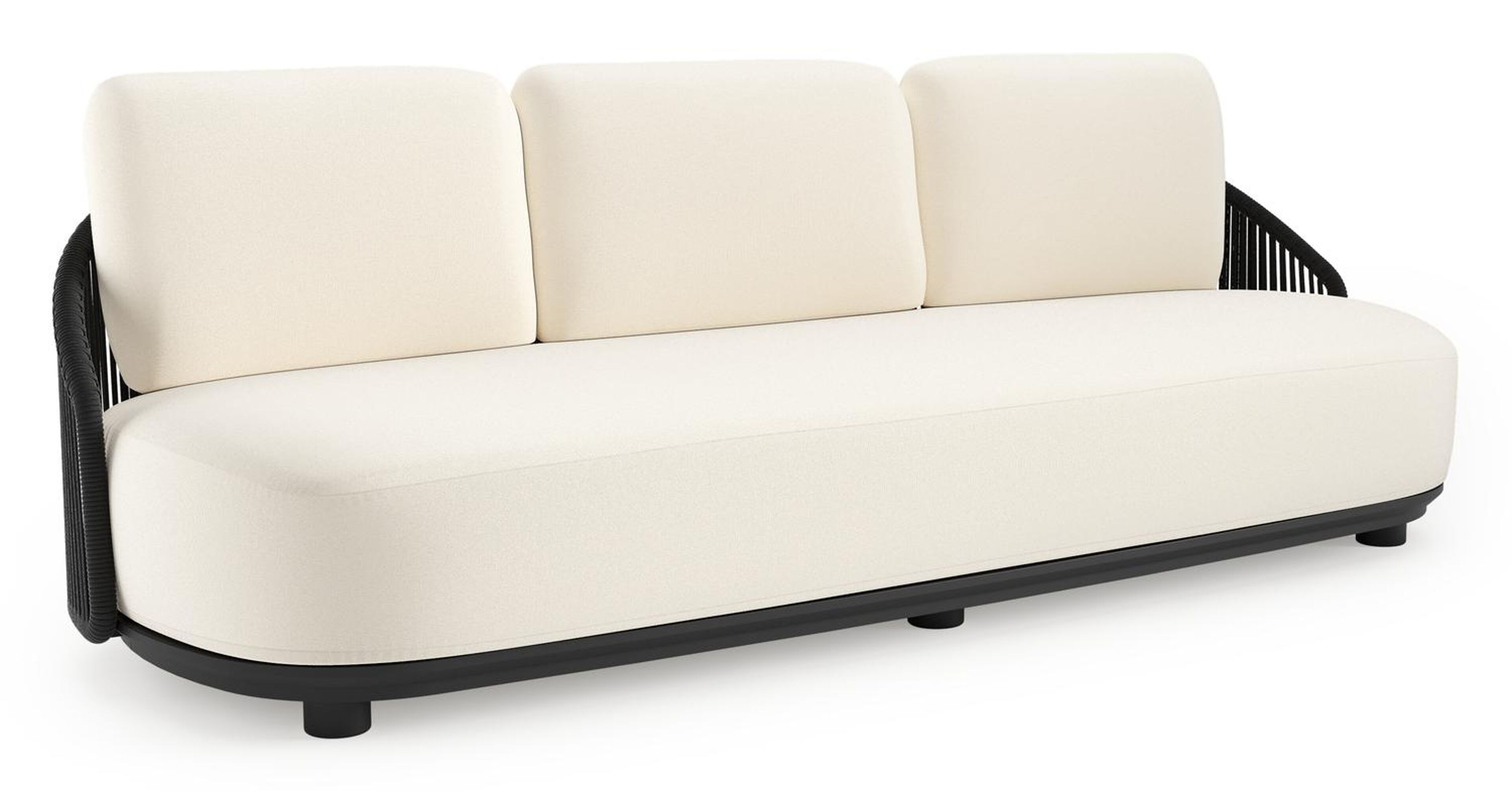 Canapé de jardin Vadelo en aluminium noir et corde ronde tissée verticalement noir et coussins en all weather sunbrella® luxe natte white