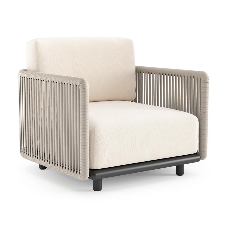 Organo loungestoel in zwart aluminium en beige verticaal geweven luxe vlakke rope met lopi snow all weather Sunbrella® luxe kussen