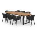 Ensemble de jardin Livo en aluminium noir avec plateau de table en teck natural finish et 8 chaises de jardin empilables Matera