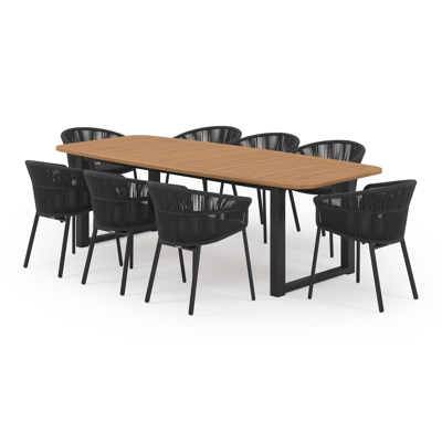 Livo tuinset in zwart aluminium en natural finish teak tafelblad met 8 stapelbare Matera tuinstoelen