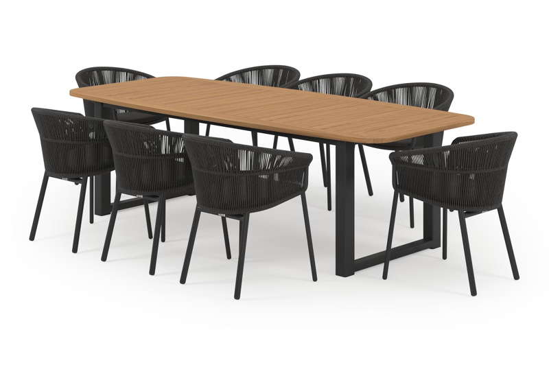 Livo tuinset in zwart aluminium en natural finish teak tafelblad met 8 stapelbare Matera tuinstoelen