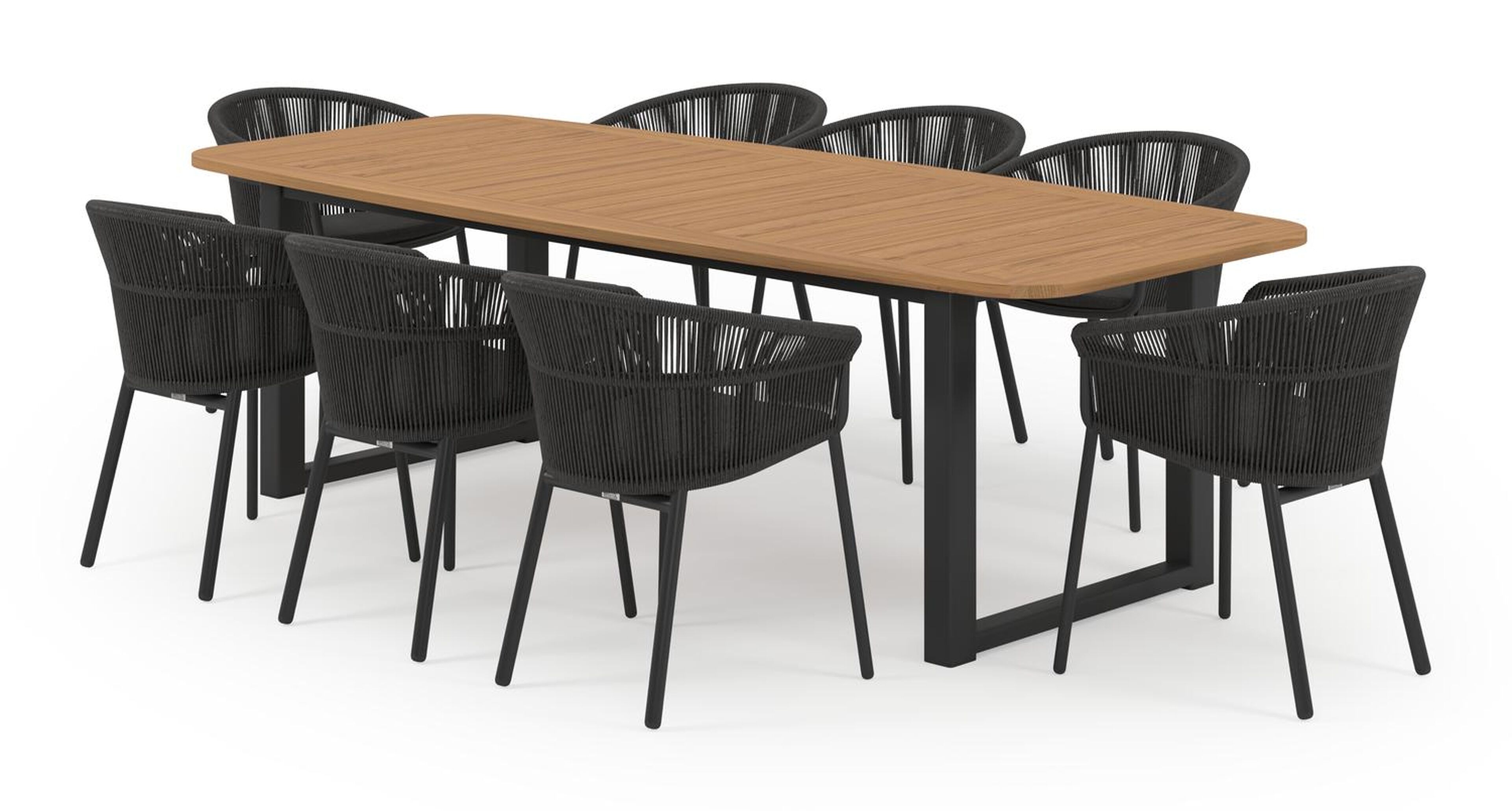 Livo tuinset in zwart aluminium en natural finish teak tafelblad met 8 stapelbare Matera tuinstoelen