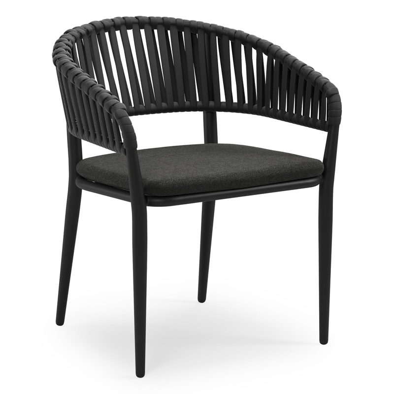 Tolfa stapelbare tuinstoel in zwart aluminium en zwart verticaal geweven luxe vlakke brede rope met stoelkussen in All Weather Sunbrella® Luxe Chartres Sooty