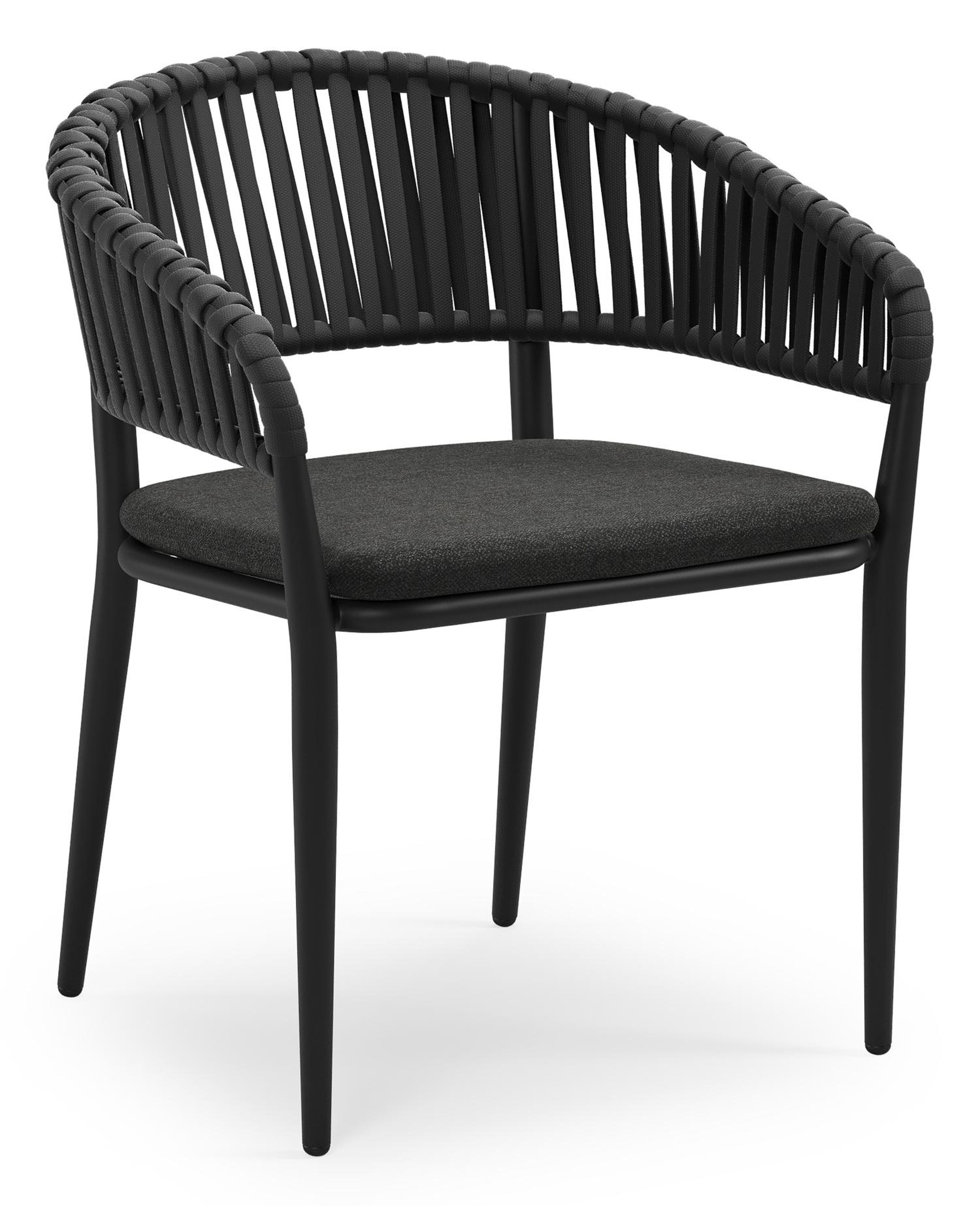Tolfa stapelbare tuinstoel in zwart aluminium en zwart verticaal geweven luxe vlakke brede rope met stoelkussen in All Weather Sunbrella® Luxe Chartres Sooty