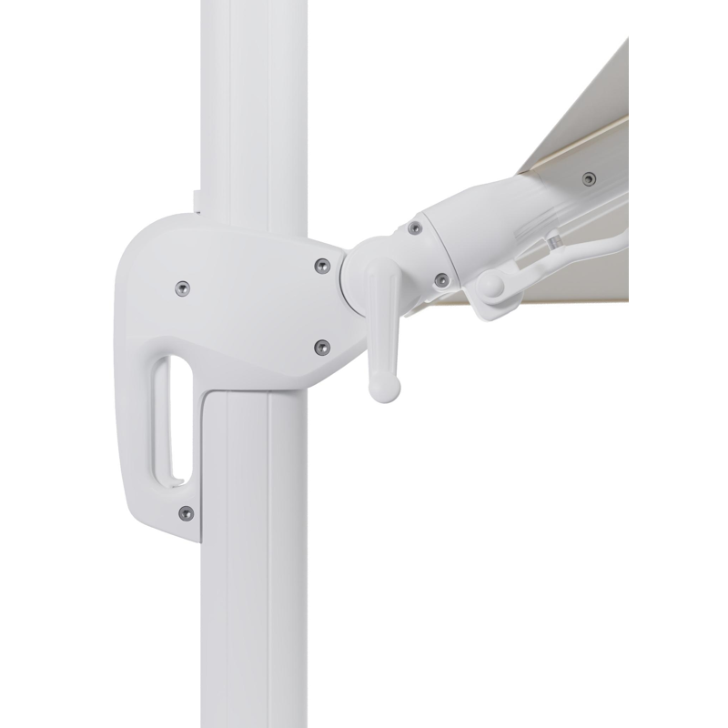 Rufina zweefparasol met tiltfunctie in wit aluminium en Natte White All Weather Sunbrella® Luxe parasoldoek - L1 300 x L2 300 cm met parasolvoet Minore 150 kg met wielen