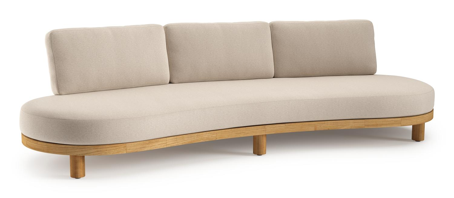 Donato loungebank in teak en beige verticaal geweven ronde rope met all weather sunbrella® luxe Heritage Ash kussen