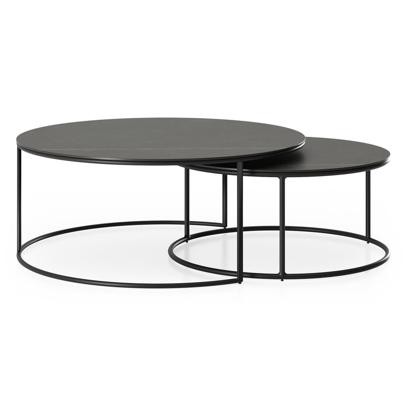 Fano loungetafels in zwart aluminium en calatorao volkeramiek - Dia. 85/65 X H 35/30 cm