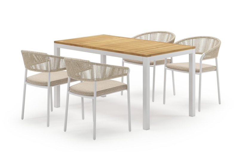 Feltro rechthoekige tuinset in wit aluminium en teak natural finish met 4 Zamora tuinstoelen