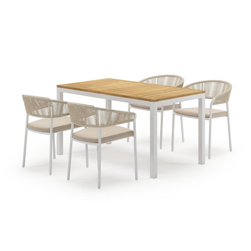 Feltro rechthoekige tuinset in wit aluminium en teak natural finish met 4 Zamora tuinstoelen